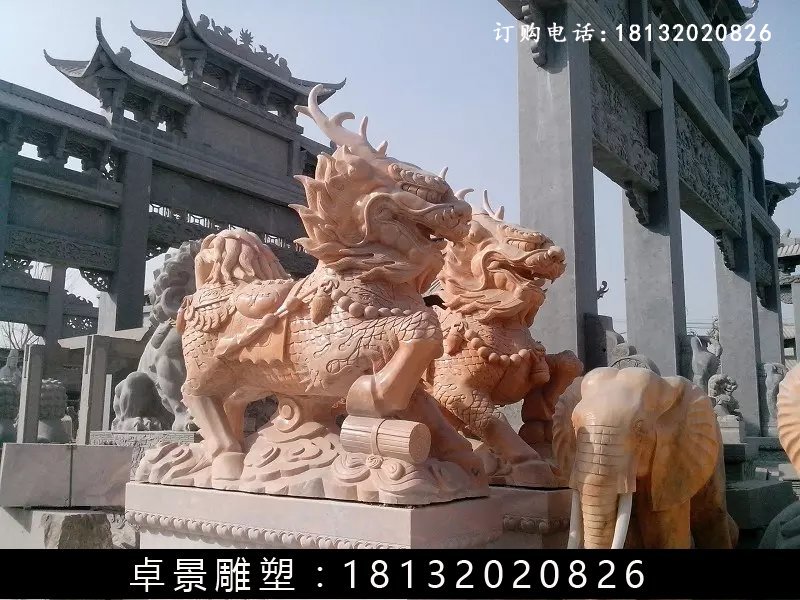 麒麟石雕,晚霞紅麒麟雕塑 (1)