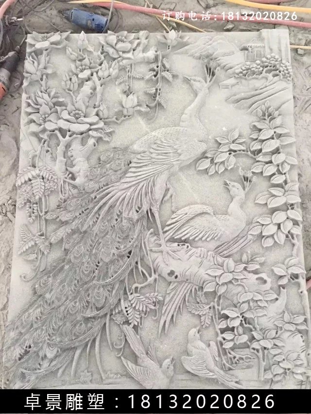 石雕百鳥朝鳳浮雕,漢白玉石浮雕