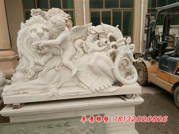 獅子與小天使石雕,漢白玉獅子和小天使雕塑
