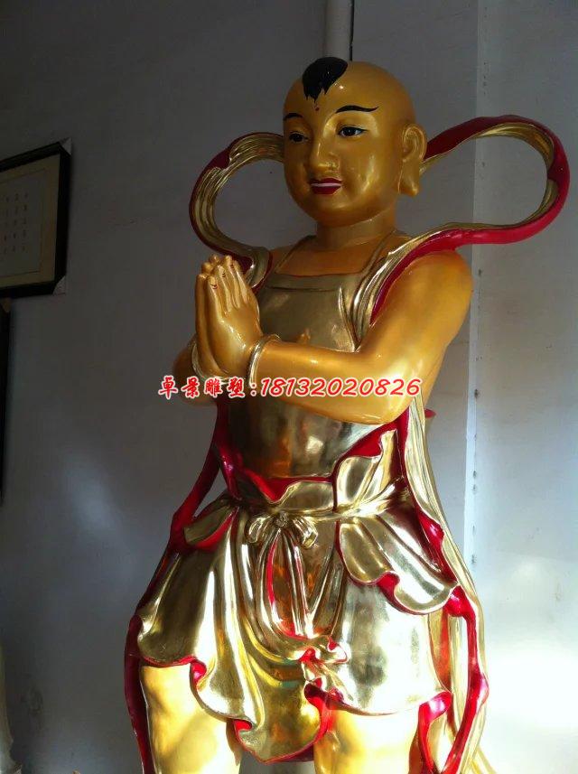 玻璃鋼善財童子雕塑,玻璃鋼彩繪貼金雕塑