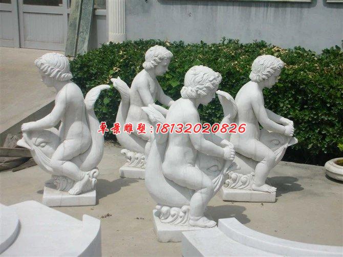 漢白玉人物雕塑,小孩騎魚石雕