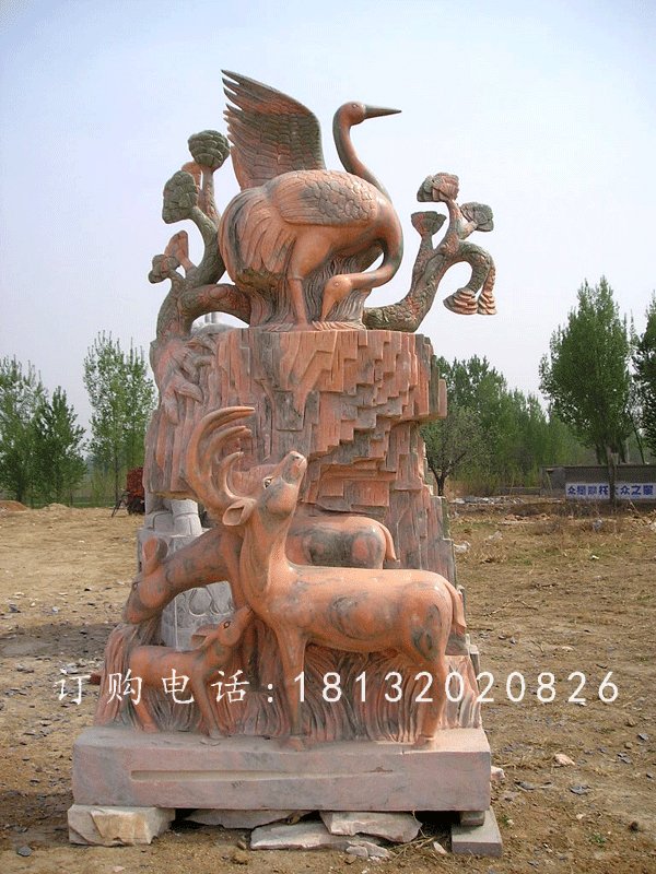 鶴鹿同春景觀石雕,晚霞紅景觀雕塑