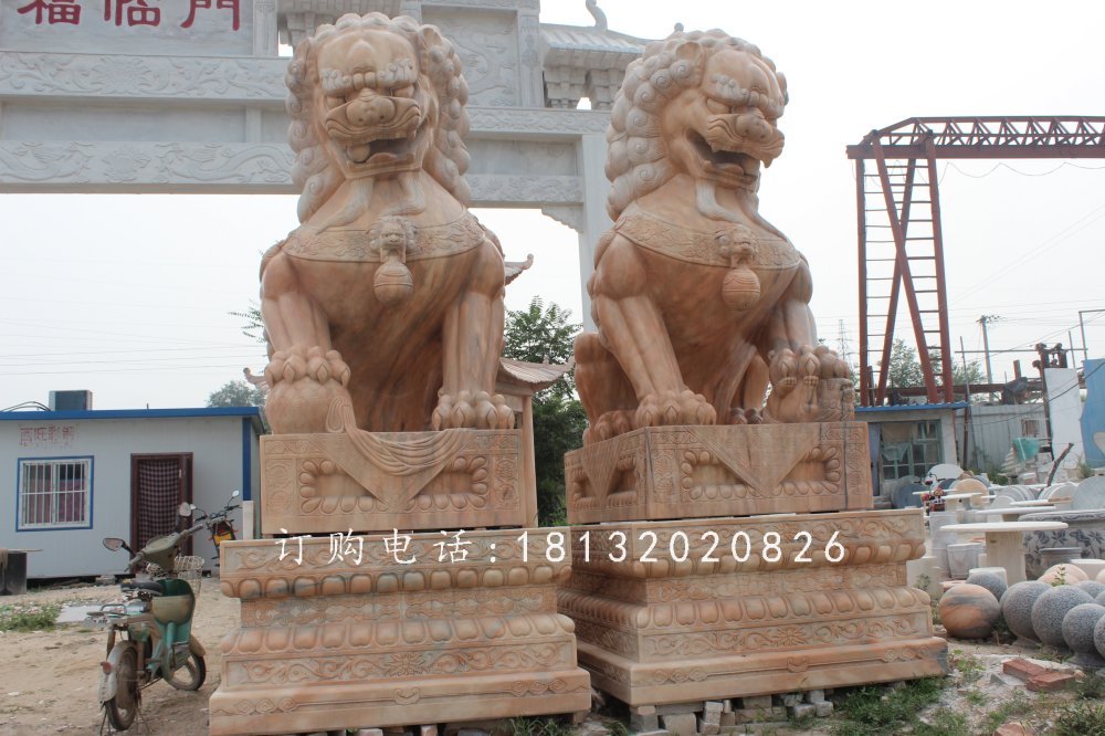 北京獅子雕塑,晚霞紅石雕獅子 (2)
