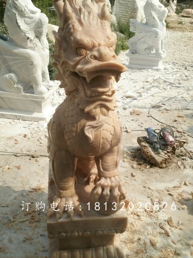 踩球麒麟雕塑,晚霞紅麒麟石雕 (1)