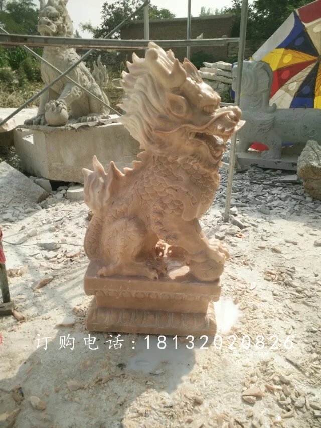 踩球麒麟雕塑,晚霞紅麒麟石雕 (2)
