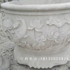 荷花與鳥花盆雕塑，水缸石雕