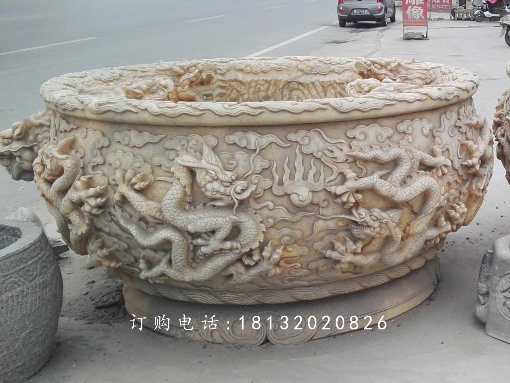 晚霞紅水缸石雕，龍浮雕水缸 (2)
