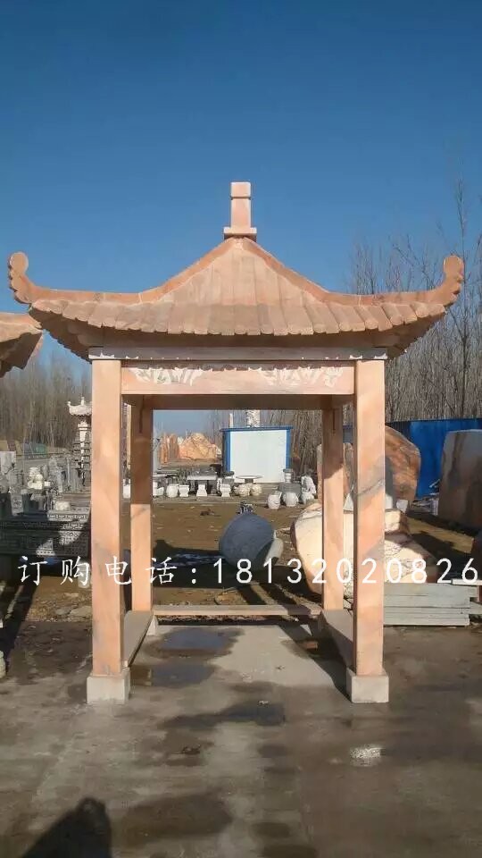 石方亭雕塑,晚霞紅石雕涼亭