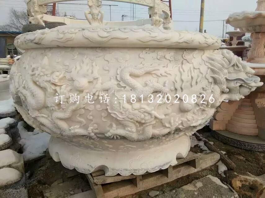 龍浮雕水缸雕塑,漢白玉石雕水缸