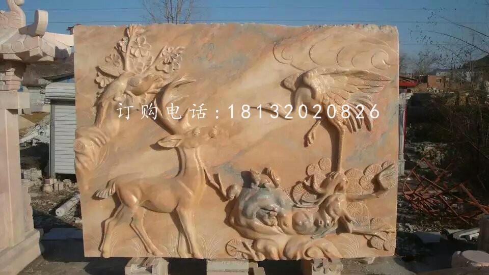 鹿鶴同春浮雕,晚霞紅石浮雕
