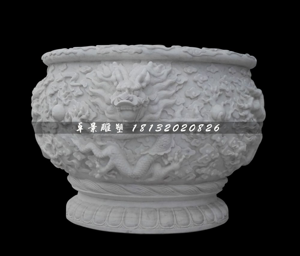 圓形石水缸,漢白玉龍浮雕水盆 (2)