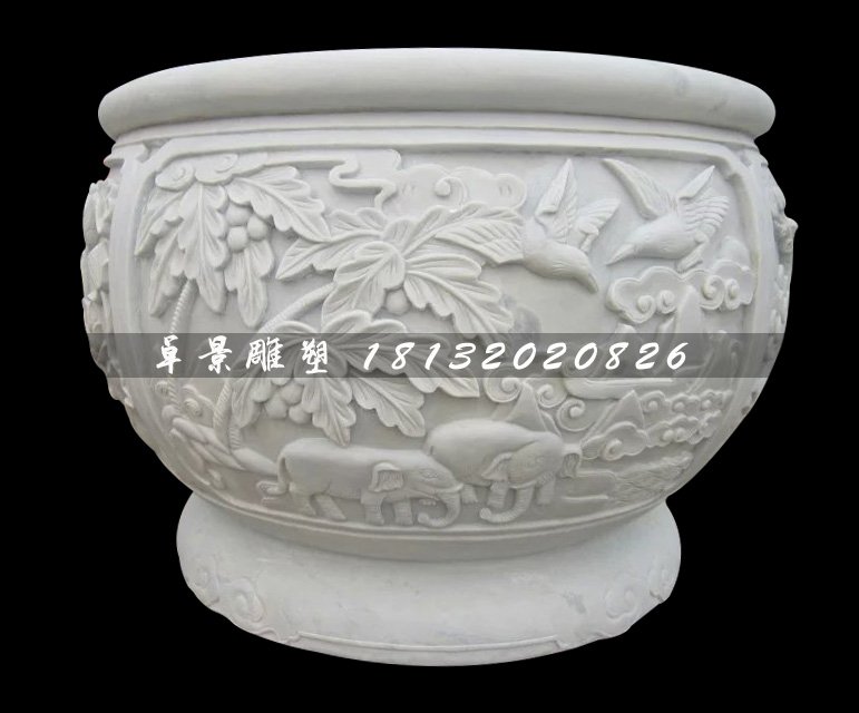 白色石頭水缸,漢白玉石水缸