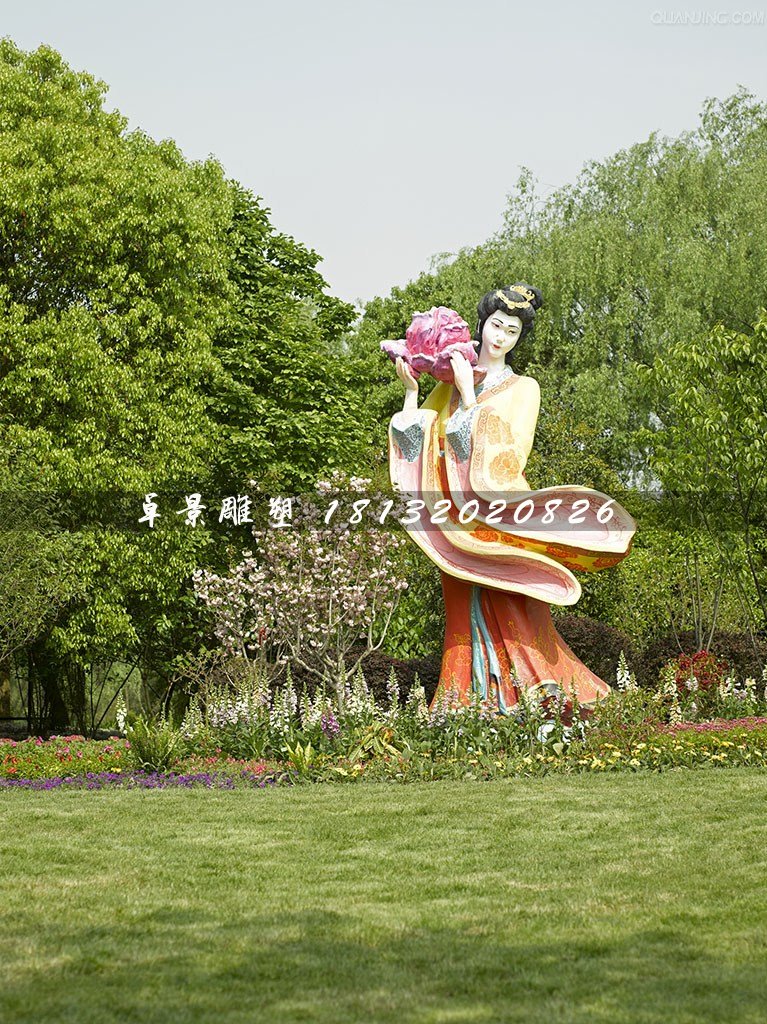 古代美女采花雕塑,玻璃鋼仿真人物雕塑