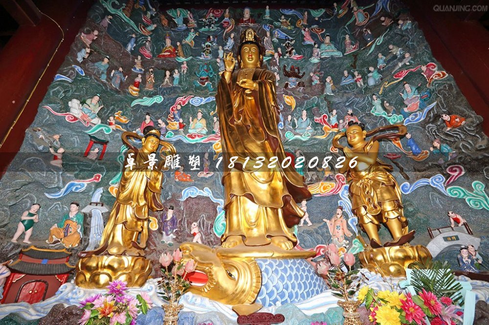 鎏金銅佛像,觀音與善財(cái)龍女銅雕