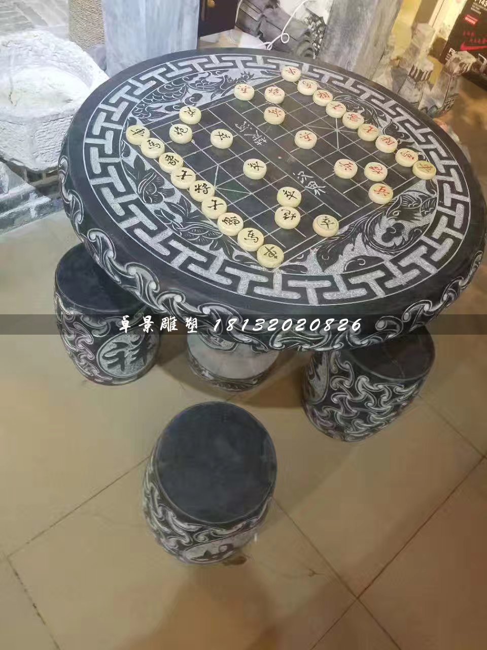 象棋桌石雕,青石仿古桌椅