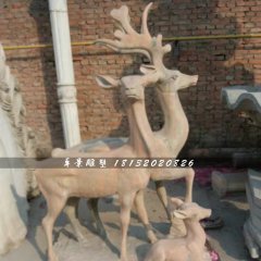 三只鹿石雕,晚霞紅動物雕塑