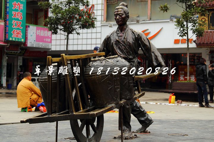 獨輪車銅雕,街頭古代人物雕塑