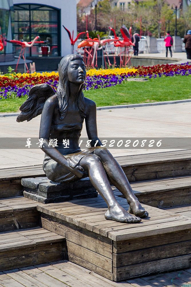 坐在路邊的少女銅雕,公園人物雕塑