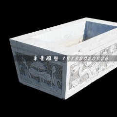 雙龍戲珠石浮雕水缸,方形水缸石雕