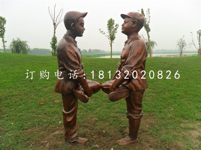 小孩斗雞銅雕,公園人物雕塑