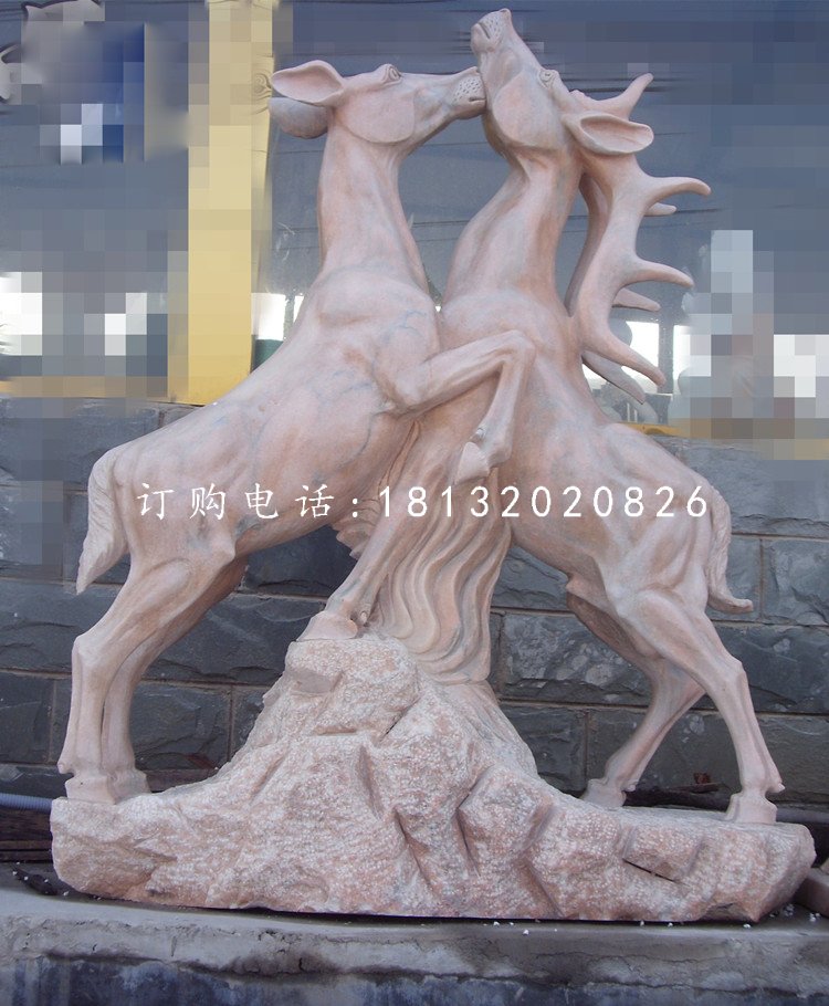 兩只鹿石雕,晚霞紅動物雕塑