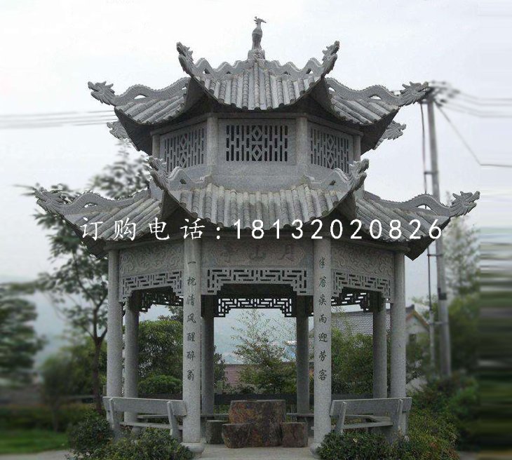 八角涼亭石雕,青石涼亭雕塑