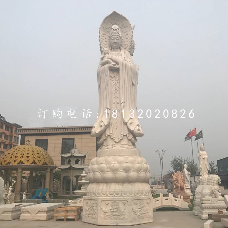 大型三面觀音石雕,漢白玉佛像