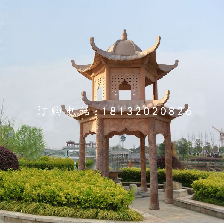 公園石亭子,晚霞紅雙層涼亭