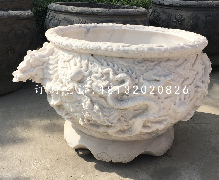 龍浮雕水缸,圓形石水缸