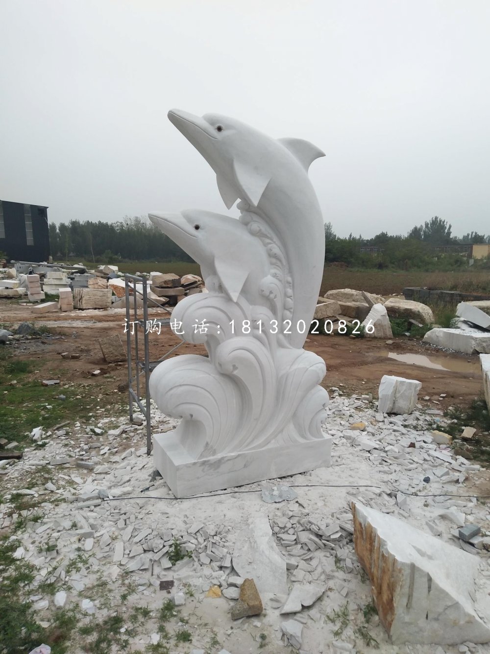 海豚戲水石雕,漢白玉海豚