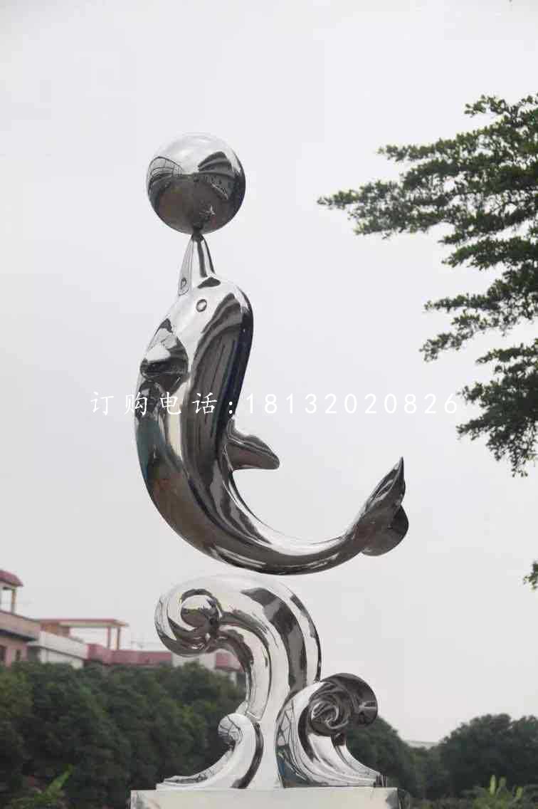 海豚頂球雕塑,不銹鋼景觀雕塑