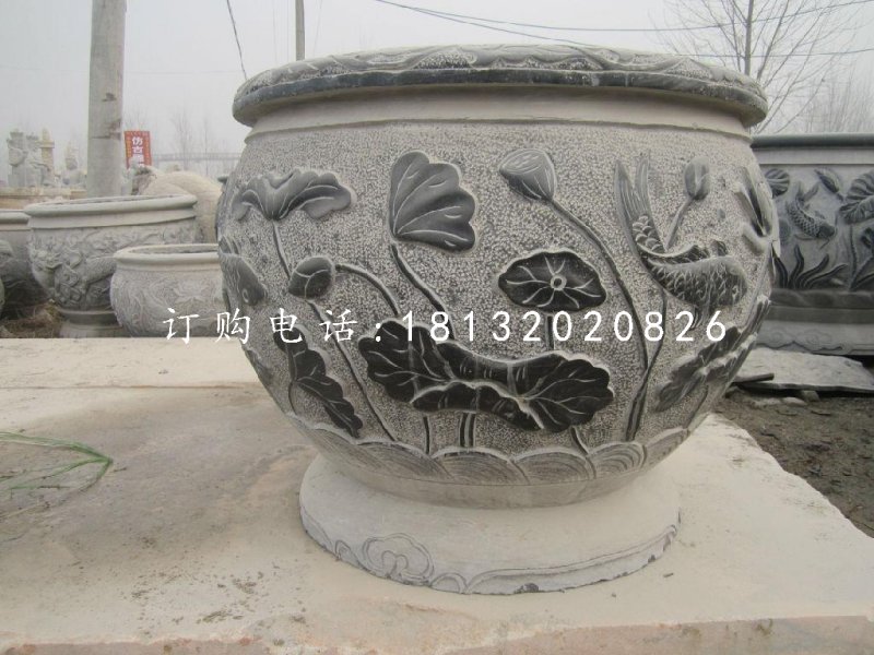 荷花鯉魚石浮雕水缸,青石仿古水缸