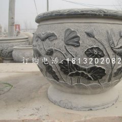 荷花鯉魚石浮雕水缸,青石仿古水缸