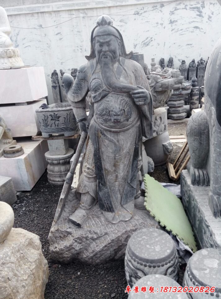 關公讀書石雕,青石關公雕塑