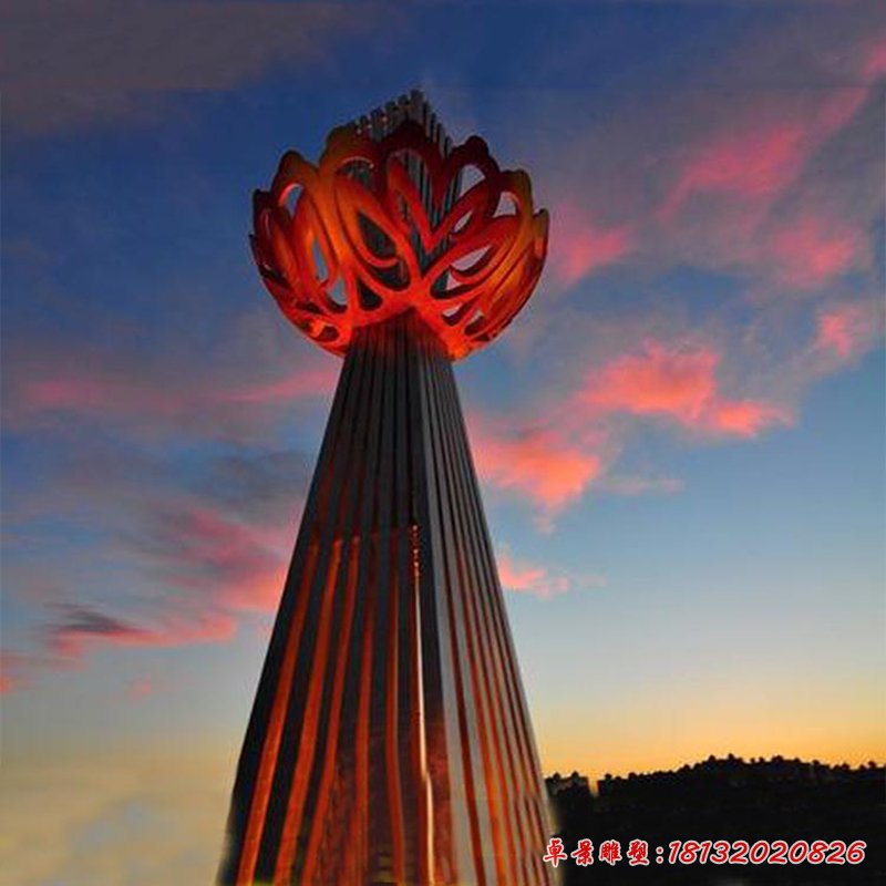 創意抽象紅色鏤空花朵公園景觀,不銹鋼雕塑 (2)
